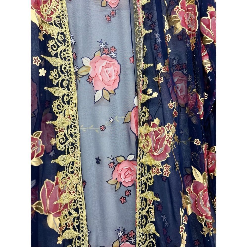 2 Piece Indian Outfit Sheer Robe & Dress Blue and Gold Floral Embroidery Tunic - Picture 5 of 14